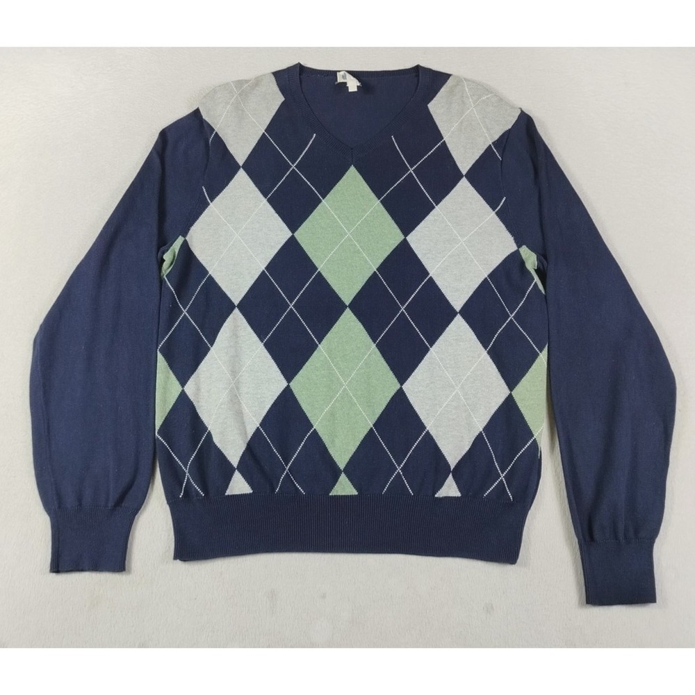 J Crew Sweater Mens Medium Blue Argyle V Neck Cotton Knit Preppy Grandpacore